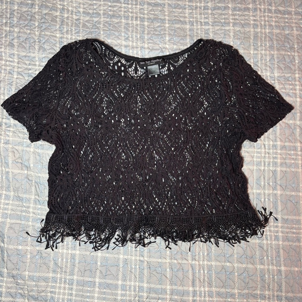 See You Monday Black Crochet Fringe Crop Top